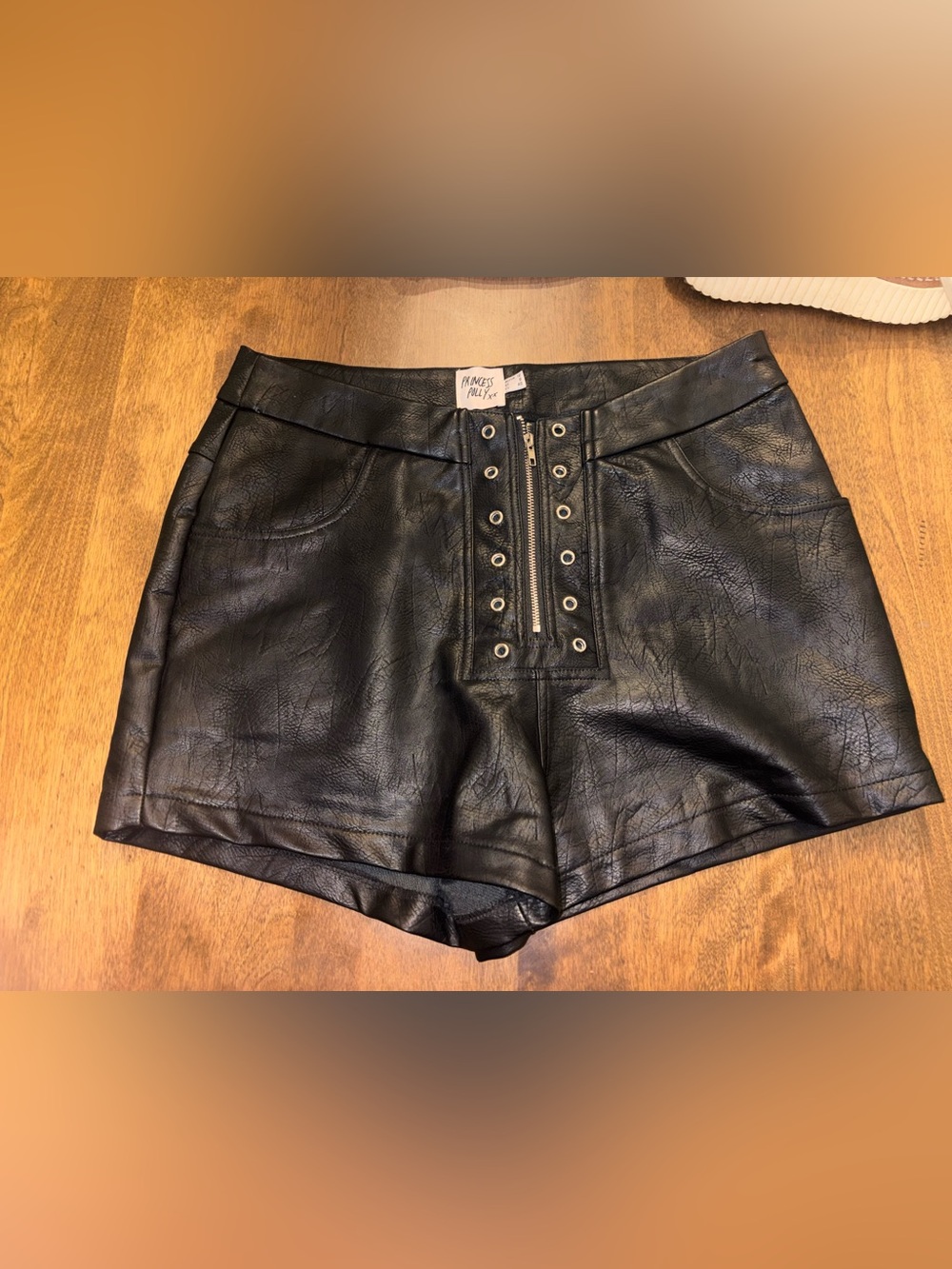 Princess Polly Black Faux Leather High Waist Grommet Shorts